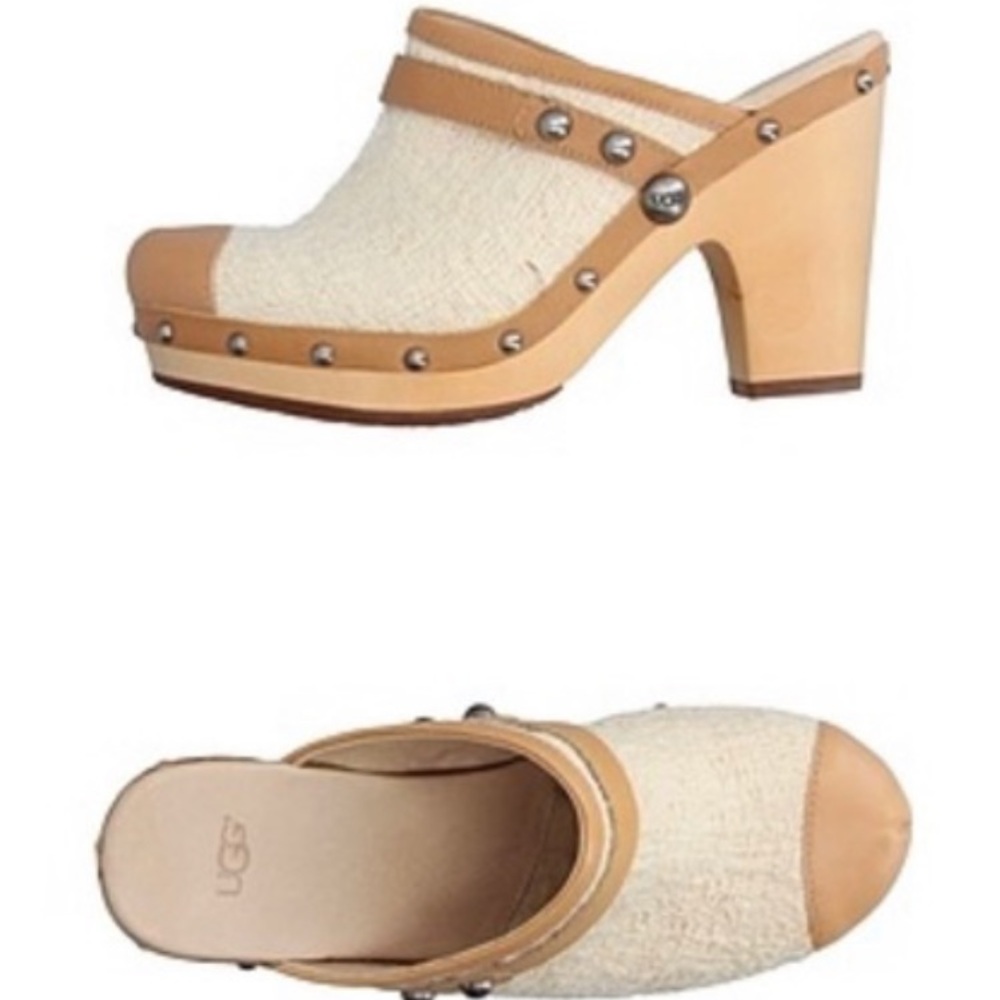 UGG Tan and Cream Mules with Wooden Platform